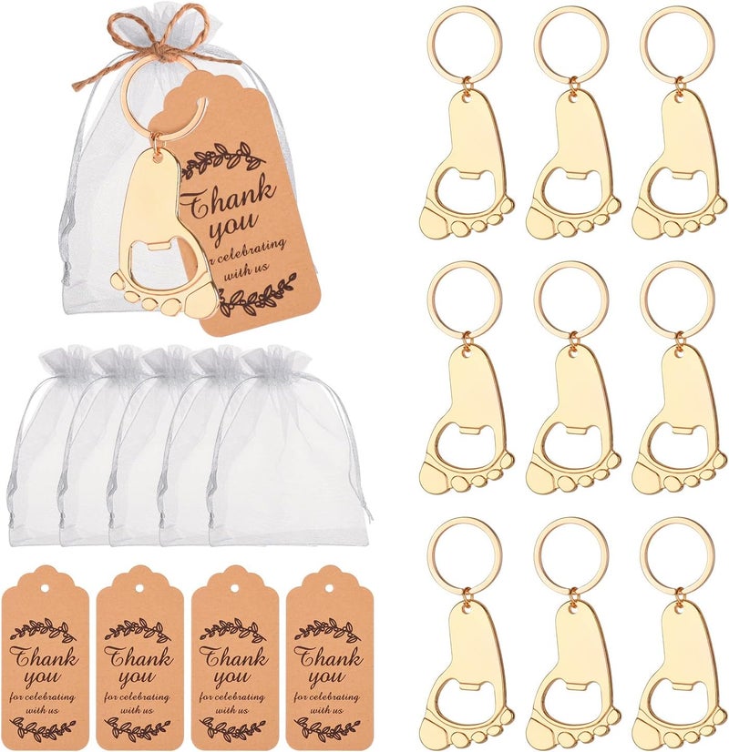 KaGrbves 50 Pieces Footprint Bottle Opener Baby Shower Favors for Guest with Key chain and Organza Bags Tags (gold) - Image 1